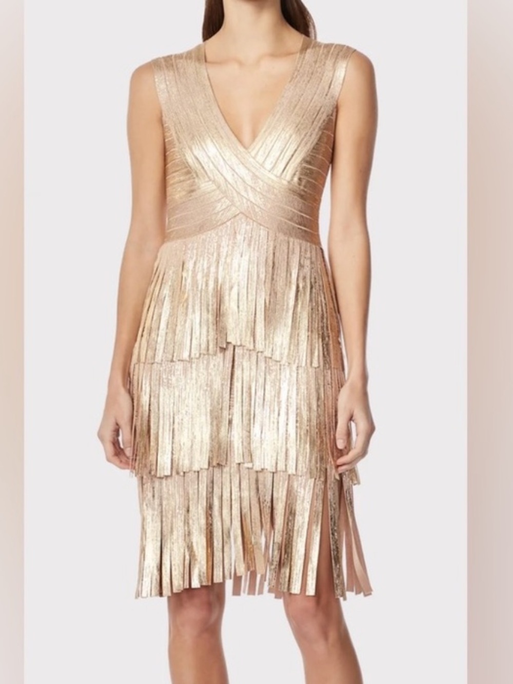 ✅ Herve Leger Metallic Gold Tiered Fringe V-Neck Dress Size M